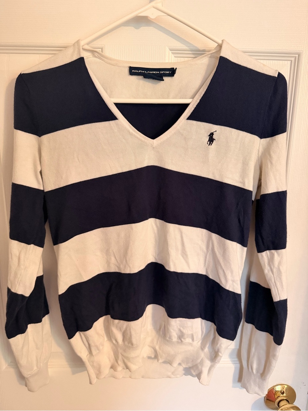 Ralph Lauren Sport Navy and White Striped V-Neck Sweater